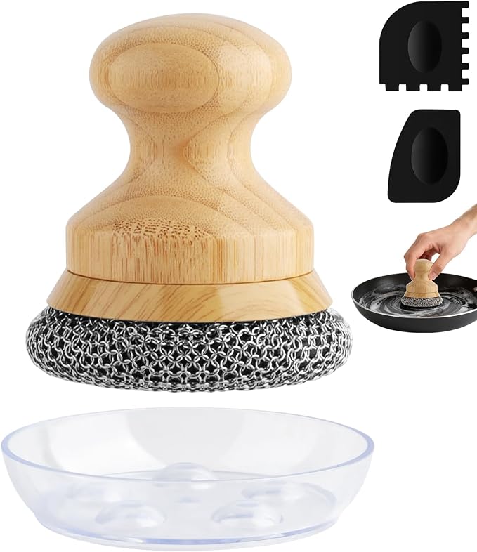 Scrubber for Cast Iron Pan, Pot Cleaner with 2 Scrapers,Chain Mail Cleaning Brush for Dishes, Pots, Pans, Griddles, Grills(Small Chain Mail)