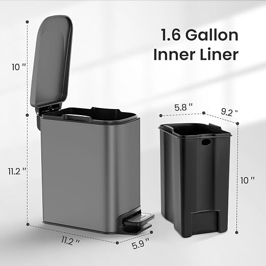 Cesun Small Bathroom Trash Can with Lid, 1.6 Gal, Soft Close, Gray | Step pedal soft close, Slim 5.9in fits narrow spaces, Stainless steel, Anti-fingerprint, Removable inner bucket, Odor seal