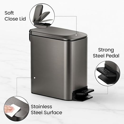 TIPGO Small Bathroom Trash Can with Lid, 1.6 Gal, Soft Close, Black Gold | Foot Pedal, Soft Quiet Lid, 5.9'' Slim for Narrow Space, Stainless Steel, Anti-fingerprint, Removable Inner Bucket, Odor Seal