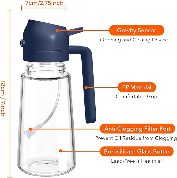 YARRAMATE 16 oz 2-in-1 Glass Olive Oil Sprayer for Cooking, Navy | Food-grade dispenser bottle, 470 ml, spray and pour, portion control, stickers included, for salad, frying and BBQ