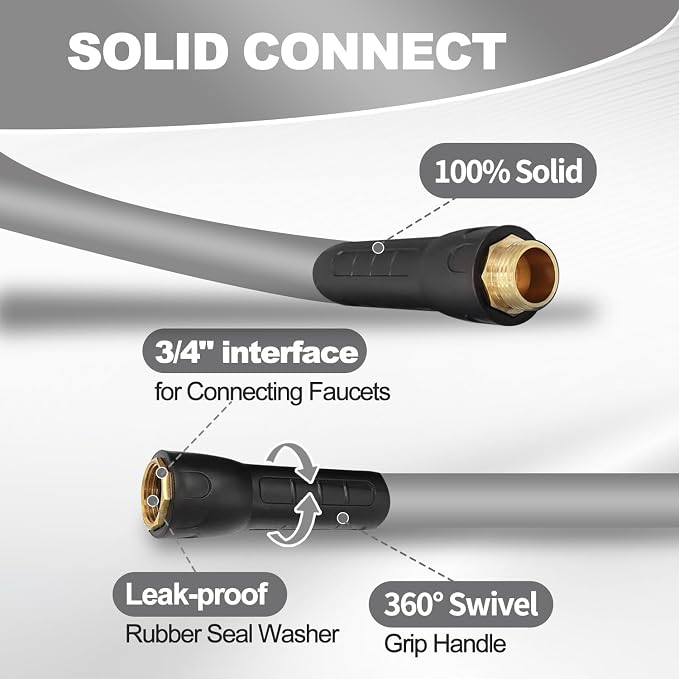 YOTOO Heavy Duty Hybrid Garden Water Hose 5/8-Inch by 75-Feet 150 PSI Kink Resistant, Flexible with Swivel Grip Handle and 3/4" GHT Solid Brass Fittings, Gray