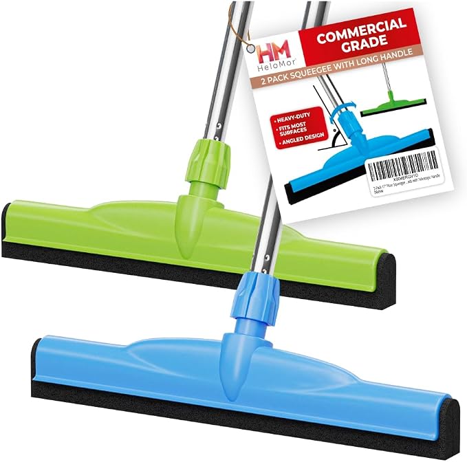 HeloMor 2 Pack 17” Floor Squeegee Broom Scrubbing Brush with Telescopic Long Handle for Garage, Patio, Deck, Tile and Shower | 62" Large Floor Squeegee for Concrete Floor | Shower Telescopic Squeegee
