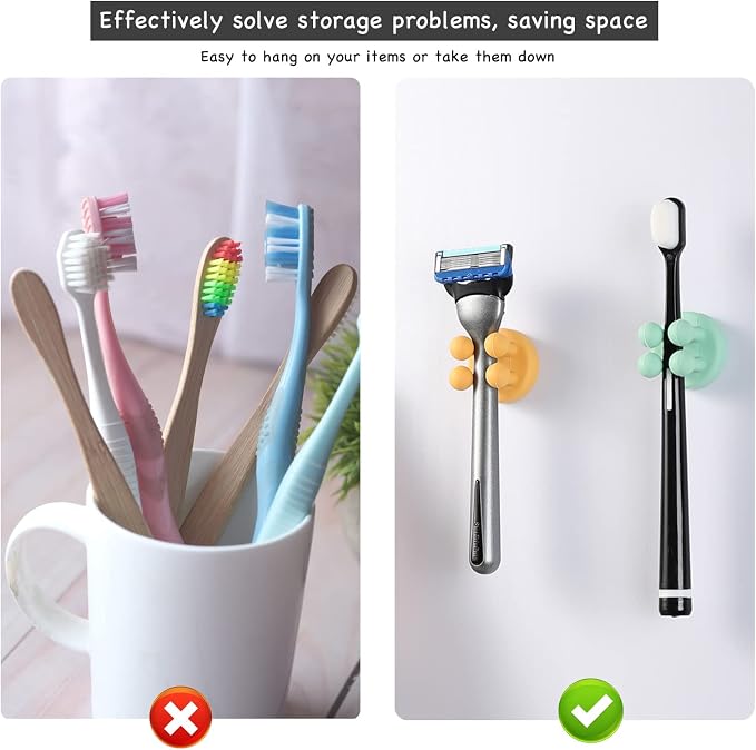 iBetterLife 6Pcs Toothbrush Holders for Bathrooms - Self-Adhesive Wall Mount to Mirror for Clipping & Hanging Shower Razor Towel Plug Cable, Utility Hooks for Home Kitchen Office Dorm Room Essentials