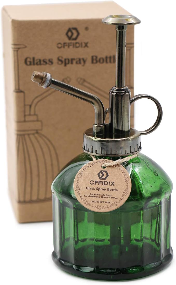 OFFIDIX Glass Plant Mister Vintage Style Spray Bottle Mist 6.7oz Dark Green | Fine Mist Spritzer Bronze Plastic Top Pump, 6.3" Tall 200ml One Hand Watering Can Indoor, Spray Bottle for Garden Small Plant