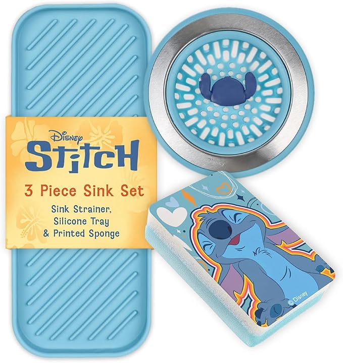 Disney Stitch Sink Drain Strainer, Dish Sponge & Silicone Sink Tray Set | 3-piece set with a strainer to prevent clogs, a tray to keep things organized, and a scrubber for dishes and counters