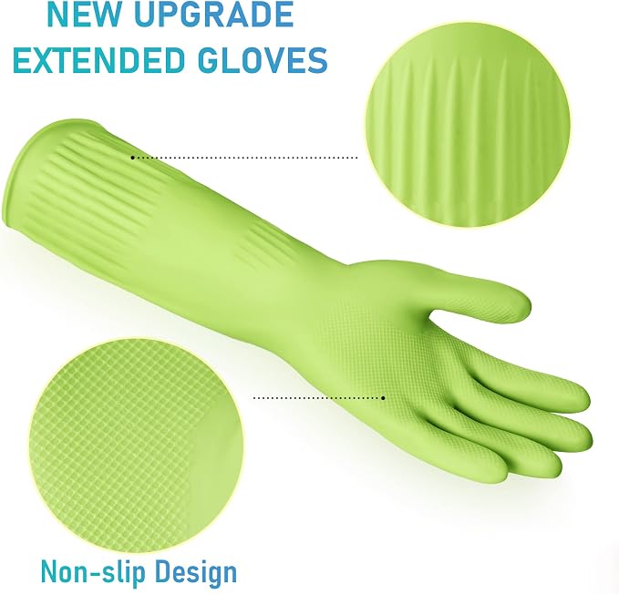 Disfore Rubber-Gloves Dishwashing Gloves for Cleaning-Kitchen - 2 Pairs Long Household Cleaning Gloves for Washing Dishes