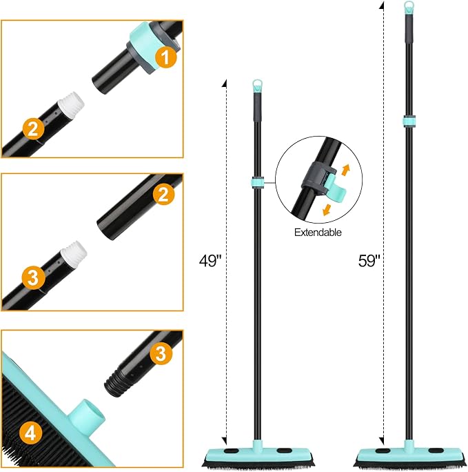 Rubber Broom Carpet Rake for Pet Hair Removal, Fur Remover Broom with 59" Telescoping Long Handle, Pet Hair Broom with Squeegee for Carpet, Hardwood Floor, Tile | Fur Remover Broom Pet Hair Broom with Squeegee for Carpet, Hardwood Floor, Tile, 59" Tele...