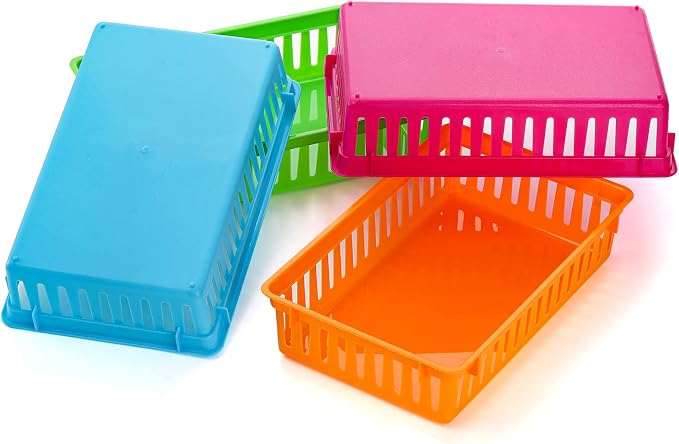 16 Pack Classroom Storage Baskets Bins, Small Plastic Organizer Basket, Colorful Storage Trays, Crayon Pencil Containers for Paper, Desk, Shelf, Home School Office, 10.2" L x 6.5" W x 2.4" H