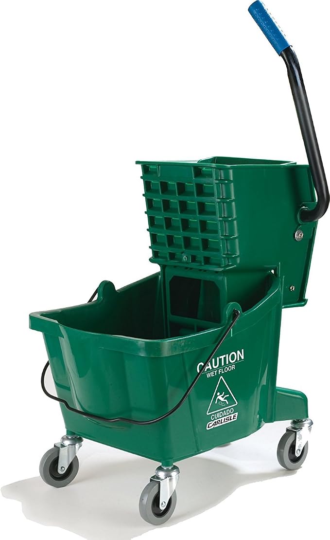 Carlisle FoodService Products 26 Qt Mop Bucket with Side Wringer, Green | 18.5 x 16.5 x 16.5 in, 34.25-in Handle, Polypropylene, 50,000-Cycle Wringer, Non-Marking Casters, Assembly Required