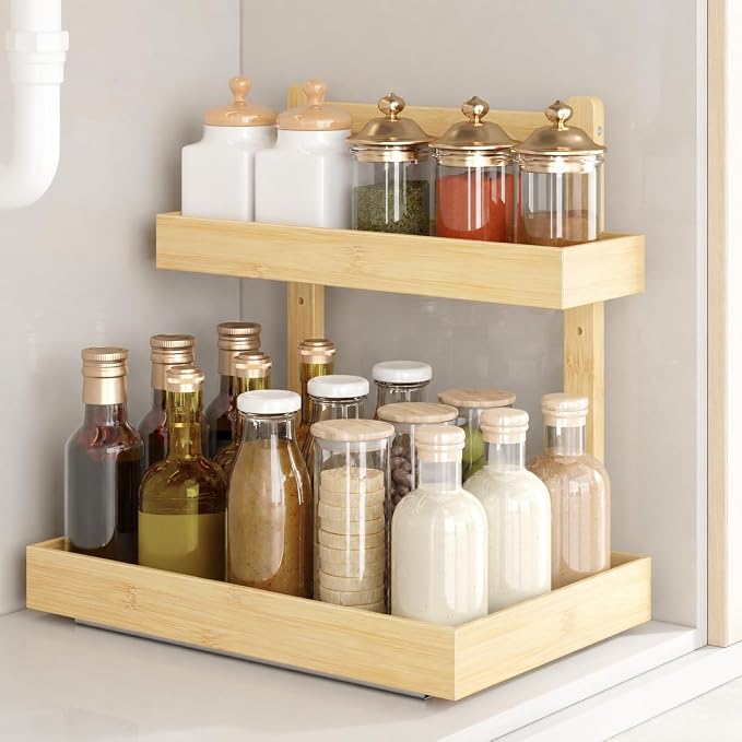 Bamboo Under Sink Organizer 2 Pack, 2-Tier Pull Out Cabinet Organizer | Kitchen Sink Organizer | Bathroom Cabinet Organizer | Cleaning Supply Storage | L-Shape | 3-Level Adjustable | Natural Bamboo