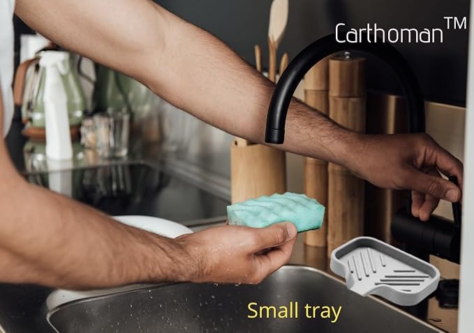 Silicone Soap Tray, Soap Dish with Drain Spout, Bathroom and Kitchen Sink Counter Organizer, Sponge Holder, Perfect for Dispenser, Scrubber, Bottle, Cup on Sink or Counter - Large and Small Set