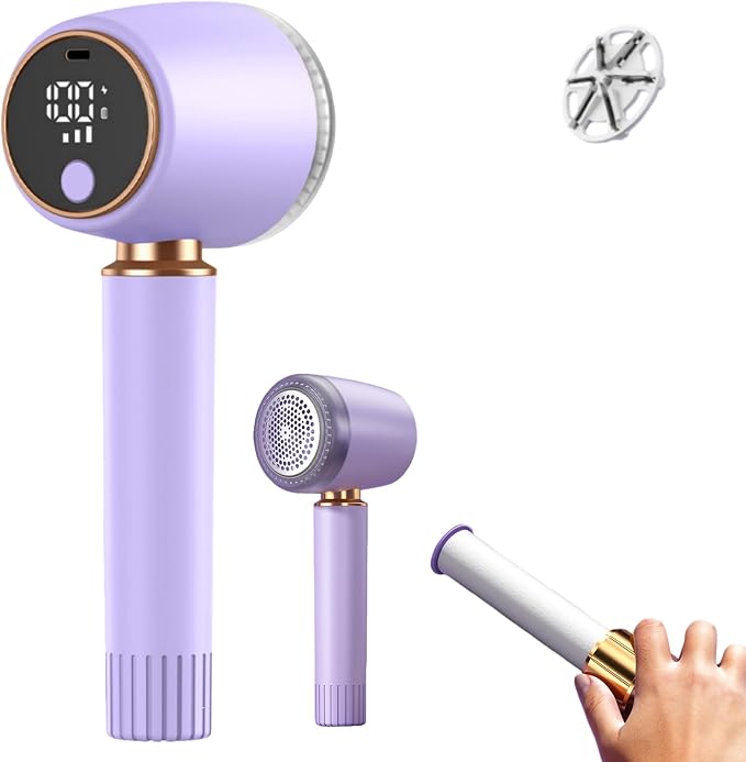2-in-1 New Fabric Shaver and Lint Remover (Purple) | Rechargeable Electric Clothes Defuzzer with LED Display, 6 Blades & 3 Speeds for Sweater, Blanket, Furniture