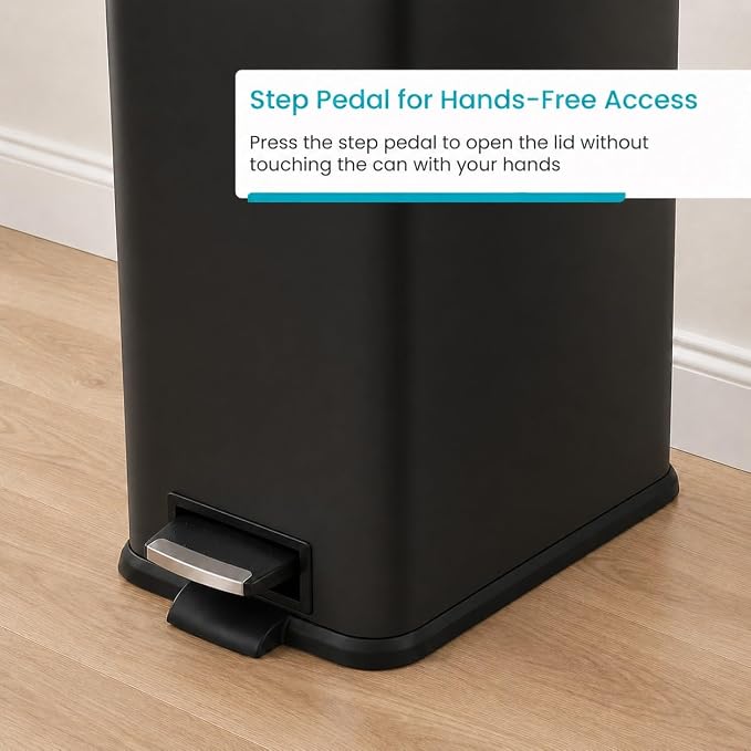 Home Zone Living 8 Gallon Slim Kitchen Trash Can with Soft Close Lid, Step Pedal, Bag Tuck Band, and Removable Liner, Stainless Steel, Matte Black
