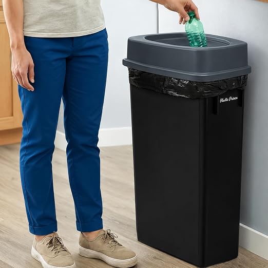 PLASTIC PRINCE 23 Gallon Slim Trash Can with Swing Lid Commercial Rectangular Garbage Can with Drop Shot Lid Waste Bin with Double Flip Top for Restaurant Home Kitchen Office, Black/Gray 2 Pack