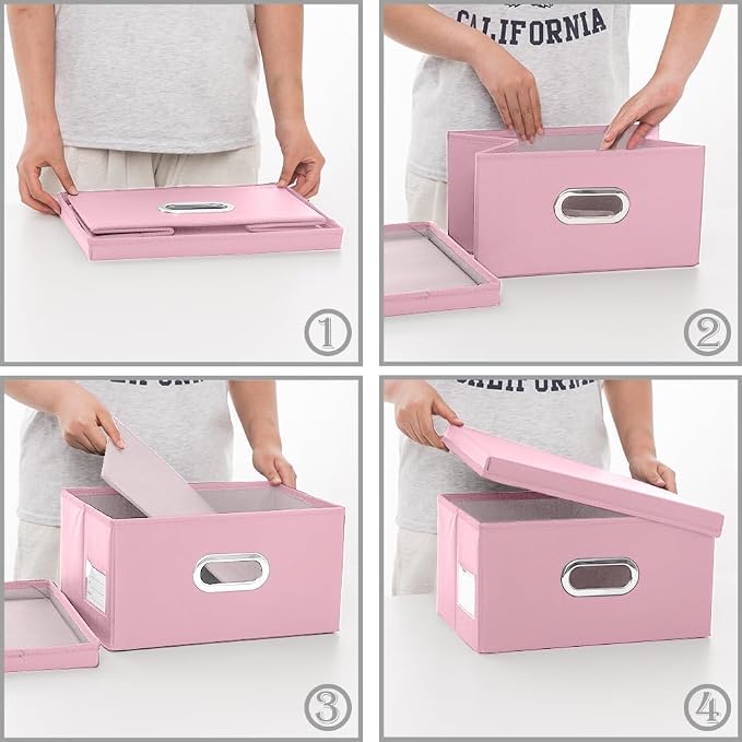 Collapsible Storage Box with Lid [3-Pack] Leather Fabric Foldable Storage Bin Organizer Container Basket Cube with Cover for Home Bedroom Closet Office Nursery Pink(13.6x9.6x6.9)