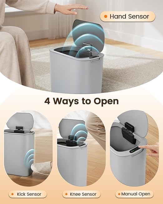 TIPGO 5 Gallon Automatic Bathroom Trash Can with Lid, Gray, Touchless | Motion Sensor, Slim Smart Garbage Bin, Plastic Wastebasket, Battery Operated, Manual Button, for Bedroom, Office,RV