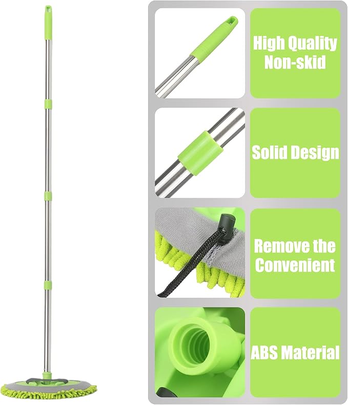 LumiMokki 62-Inch Car Wash Mop Kit with Long Handle Brush for Cars Trucks | Stainless steel pole, 2-in-1 mop-to-mitt, 8-piece kit, adjustable 18-62in, for RVs SUVs buses, scratch-free, green