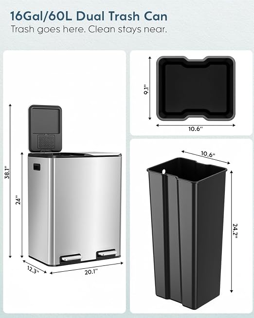 Arlopu 16Gal Dual Trash Can w/2 Built-in Box for Odor Control | Hands-Free Kitchen Garbage Bin, Recycle Waste Dustbin, Soft-Close Lid, 2 Buckets, Foot Pedal, Side Handle, for Home (Silver)