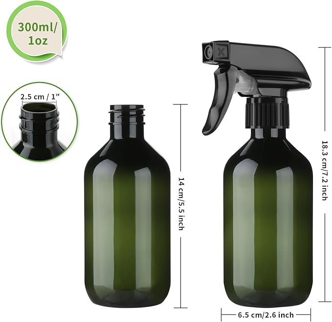 Arkeiliy 2-Pack Leakproof Spray Bottles (300ml/10oz) - Adjustable Nozzle for Fine Mist & Jet Stream | Premium Refillable Plastic Bottles for Hair Styling, Plant Misting, Cleaning Solutions (B+G)