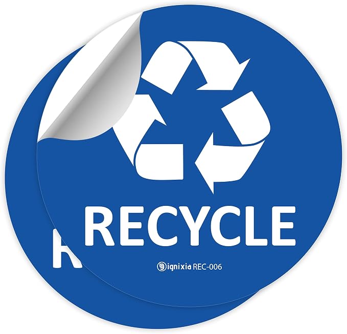 IGNIXIA Recycle Stickers for Trash Can 6x6 Inches Large (Pack of 2) Recycle Decals for Recycle Bins Waterproof UV Protected Recycling Stickers for Trash Can Indoor & Outdoor (Blue)