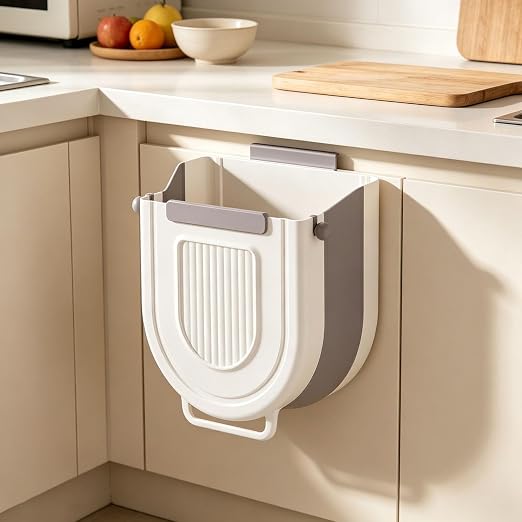 Multipurpose Hanging Collapsible Trash Can for Kitchen, Foldable Waste Bin with Space Saving Design, Wall Mount Cabinet Door Garbage Can for Peels Recycling (Grey, Large)