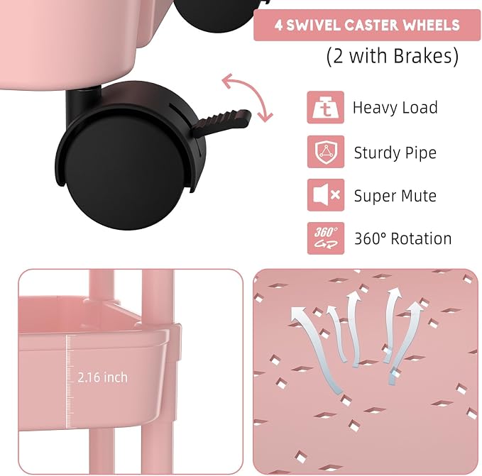 Volnamal Diaper Caddy, 3 Tier Rolling Cart for Baby Essentials, Pink | Movable & Easy Assemble Cart for Newborn Nursery Essentials, Diaper Storage Organizer for Changing Table&Crib, Baby Registry