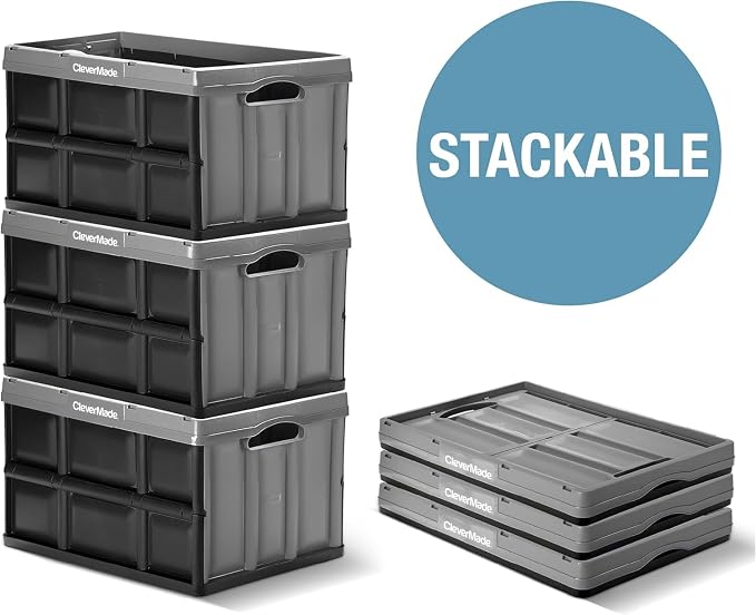CleverMade Collapsible Storage Bins, 32L, 3 Pack Foldable Storage, Obsidian | Turn Trunk and Garage Clutter into Stackable Order | Reinforced Plastic Handles Up to 66 lb, Then Nests Compactly When Folded