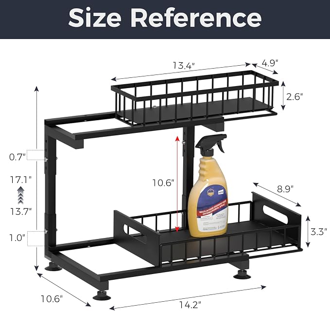 Saydear L-Shaped Under Sink Organizer, 2-Tier Pull-out Cabinet Rack 1-Pack | Black Height-Adjustable Metal Rack, Sliding Grid Drawers with Safety Stopper, Holds 100 Lbs, Ideal Kitchen Cabinet Storage