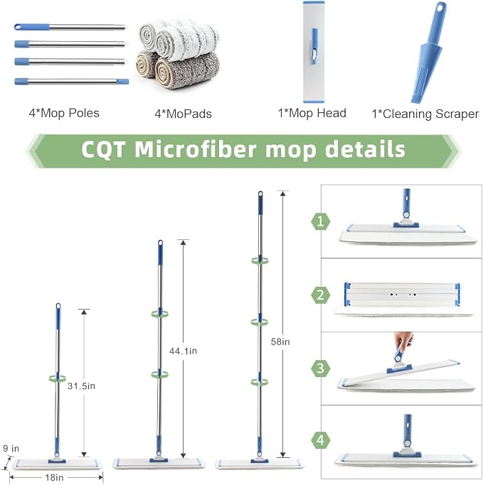 CQT 18" Commercial Flat Microfiber Floor Mop Cleaning System with 4 Washable Pads Cleaner for Laminate Tile (PT13-Blue)