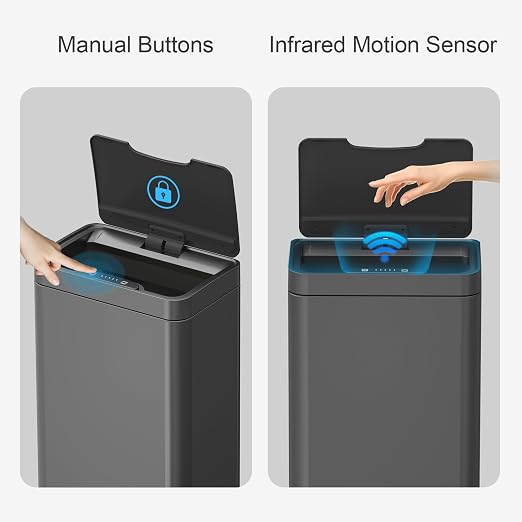 Mbillion 15 Gallon Touchless Motion Sensor Trash Can | Rectangular grey smart garbage can with lid, automatic touchless design for kitchen, bedroom, home & office use