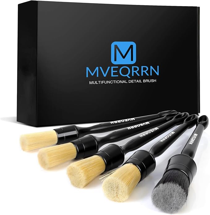 MVEQRRN 5pcs Car Detailing Brush Set,Boar Hair Detailing Brushes | Ultra Soft ,Scratch-Free,Auto Detail Brush for Leather Seats,Detail Brushes Car Detailing for Interior Exterior