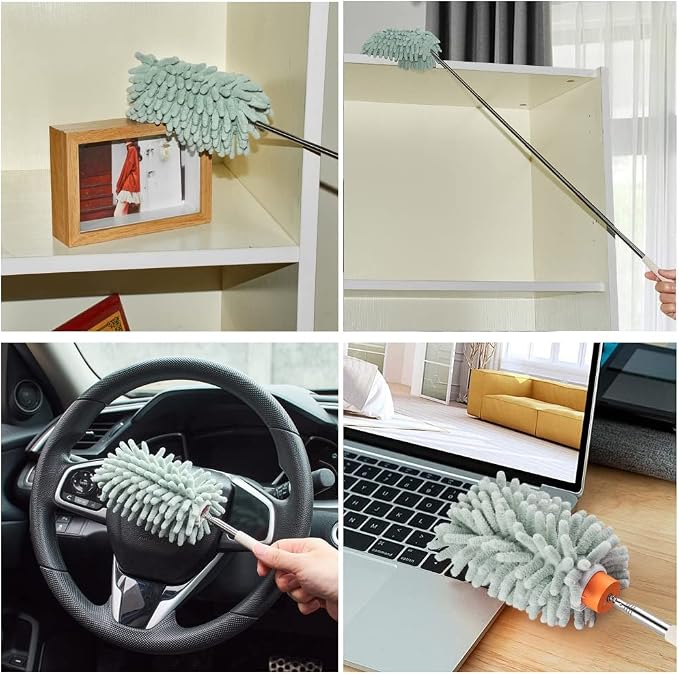 Green Retractable Microfiber Duster for Cleaning Extendable Washable Hand Duster Feather Duster Cleaning Tool for Cleaning Office, Car, Window, Computer, Air Condition