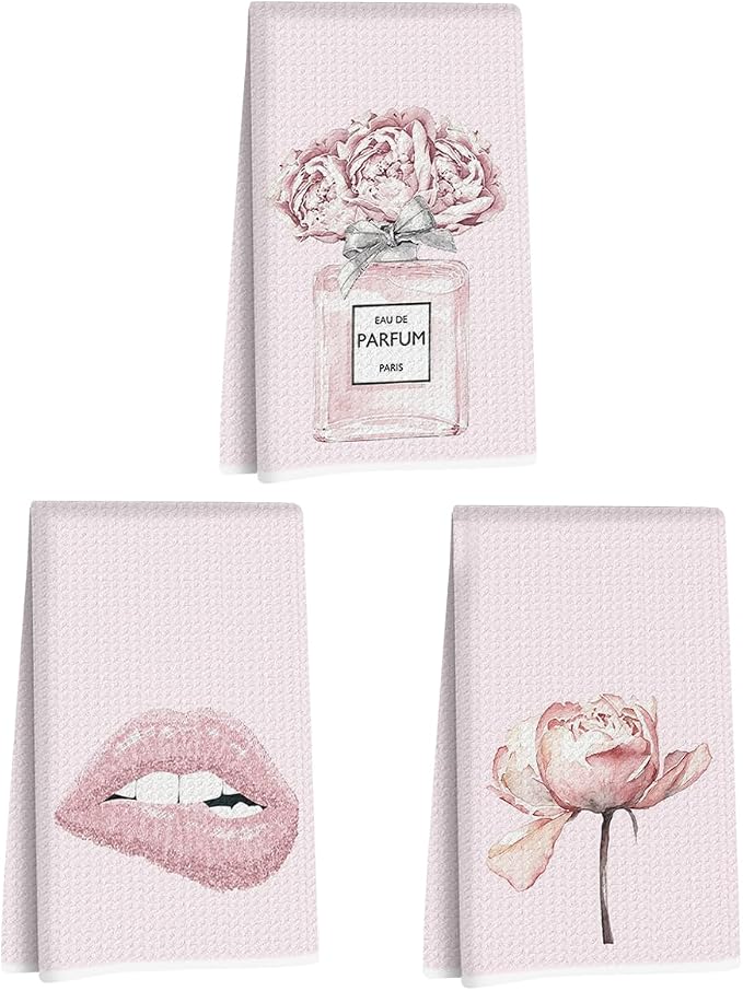 3 Pcs Pink Hand Towels, Perfume Flower Decor Reusable Dish Towels | Fashion Gifts for Women Mom Girls Friend, Waffle Weave Microfiber Towels for Bathroom Home Decor 24x14 Inch