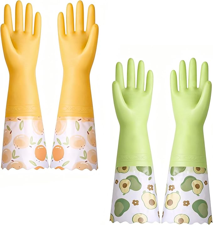 Dishwashing Cleaning Gloves, Rubber Glove with Cotton Lined | 2 Pairs Reusable Latex Free Kitchen Gloves, Long Waterproof Household Glove for Laundry Cleaning Working Gardening Cooking