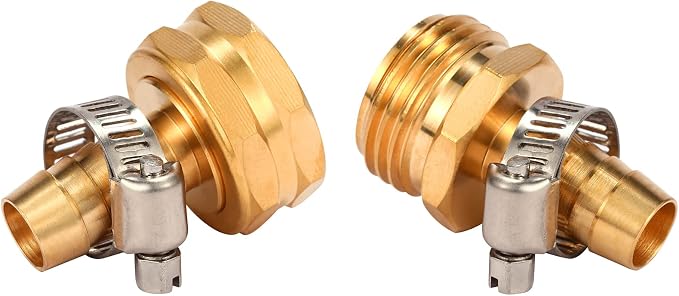 Brass Garden Hose Connector Repair Mender Kit, Fits 1/2" Water Hose Fitting | 2 Set, 1/2" Barb x 3/4" GHT, with Stainless Clamp