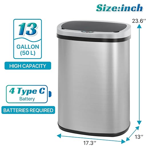 Dkeli 13 Gallon Automatic Motion Sensor Trash Can, Stainless Steel Touchless Kitchen Trash Can with Lid, 50L High-Capacity Office Bathroom Bedroom Garbage Bin