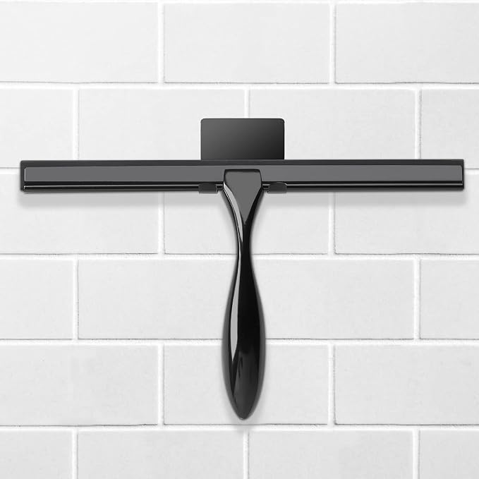 12-Inch Shower Squeegee Set, Includes Shower Door Hook and Adhesive Hook, Squeegee for Shower Doors, Mirror and Window, Black