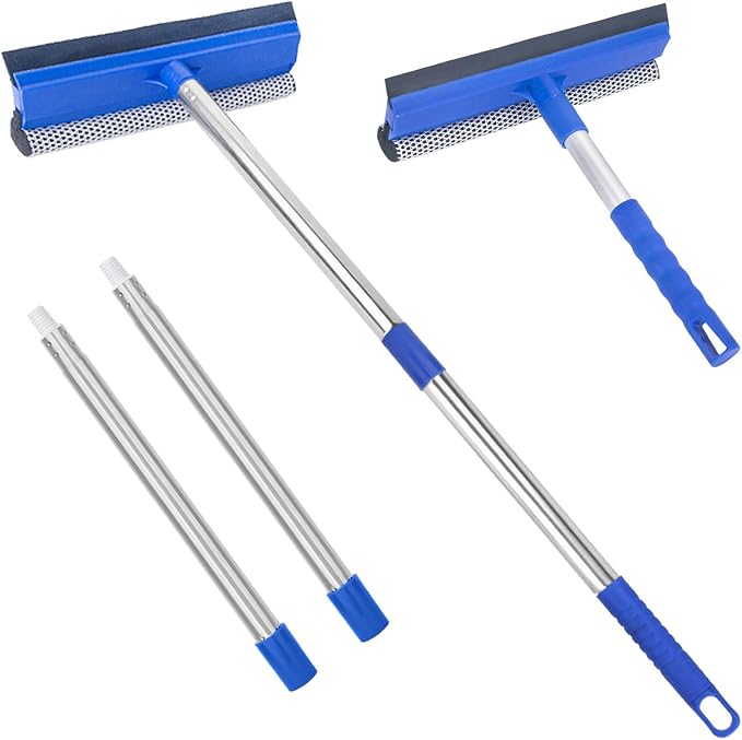 Window Squeegee for Home, 56'' Long Handle Shower Door Cleaner Tool, 2-in-1 Glass Scrubber for Car Windshield Cleaning