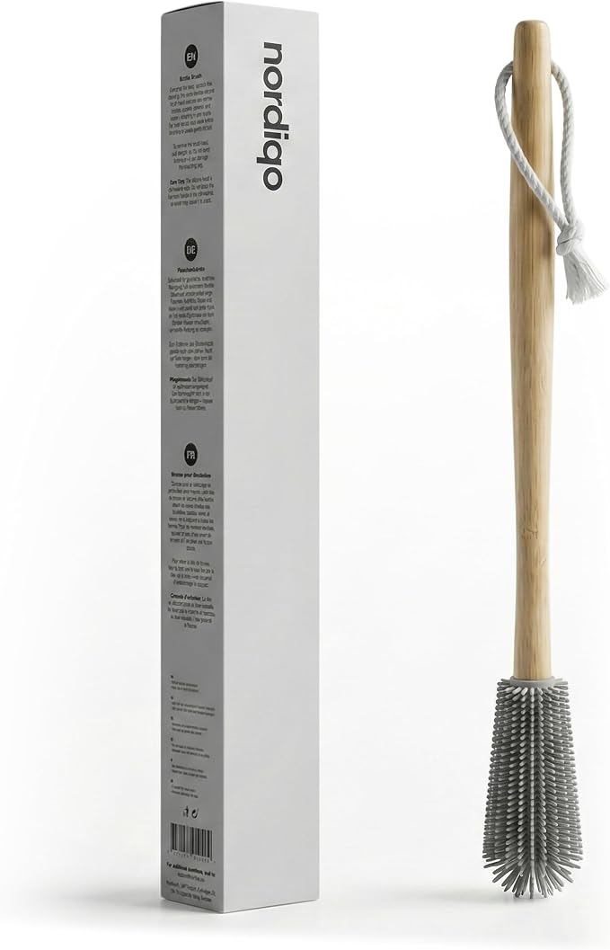 16" Extra Long Bamboo Bottle Brush with Plastic-Free Silicone Head | Cleans deep bottles effortlessly. Ergonomic bamboo handle and flexible silicone brush head. Hygienic hang cord.