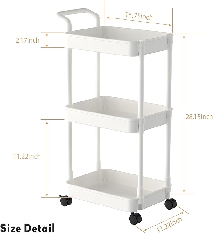 Volnamal Diaper Caddy, 3 Tier Rolling Cart for Baby Essentials, Off-White | Movable & Easy Assemble Cart for Newborn Nursery Essentials, Diaper Storage Organizer for Changing Table&Crib, Baby Registry