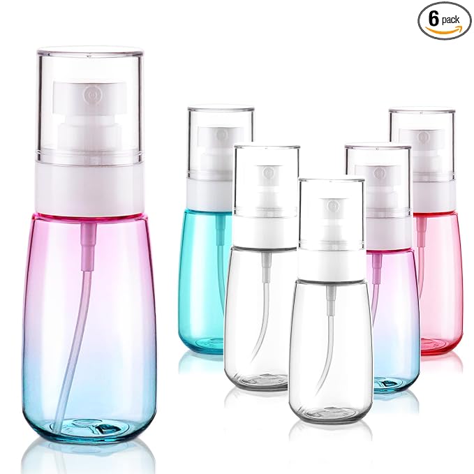 Travel Spray Bottle TSA Approved 2oz 60ml 6 Pack Leak Proof Travel Spray Bottle Empty Small Spray Bottles for Perfume Essential Oils Toners Rose Water Cosmetics (6PCS-2PinkBlue2Clear)
