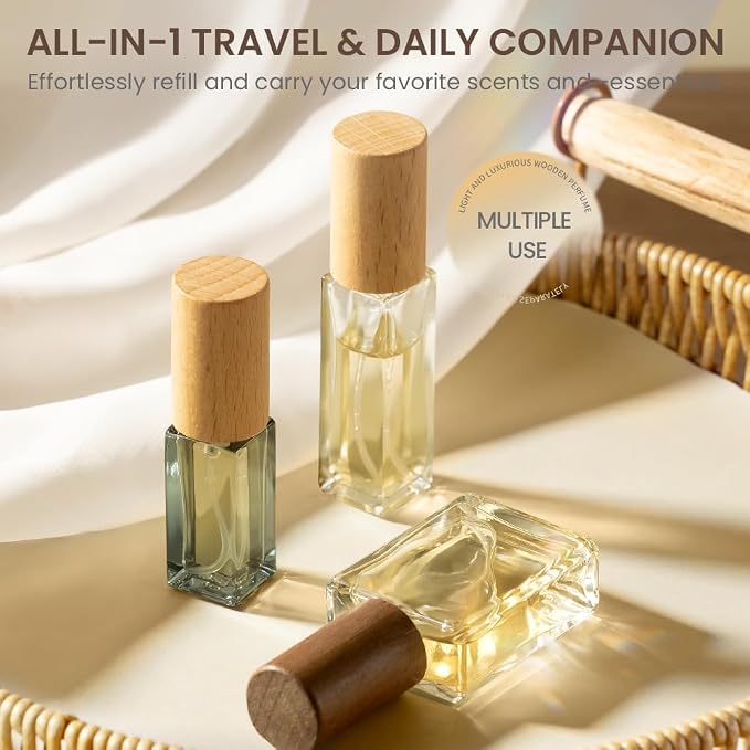 Perfume Atomizer, Refillable Spray Perfume Bottles 2pcs 0.3oz/10ml | Walnut Real Wood Lid, Classic Looking, Leak-Proof, Compact Size, Solid Bottle, Daily Touch-Up Spraying