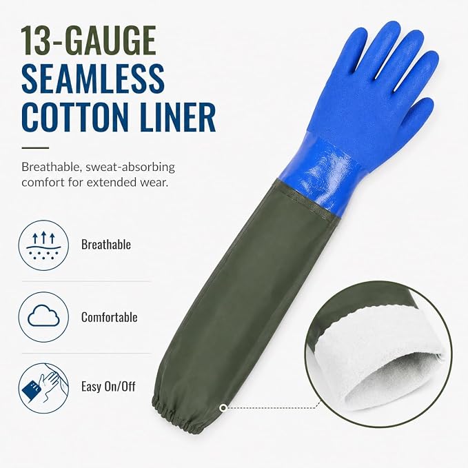 28 Inch Long Rubber Gloves, Heavy-Duty Waterproof PVC Work Gloves with Cotton Lining and Elastic Cuffs, Extended Arm Protection for Pond, Aquarium, Cleaning and Industrial Use, Blue, Large