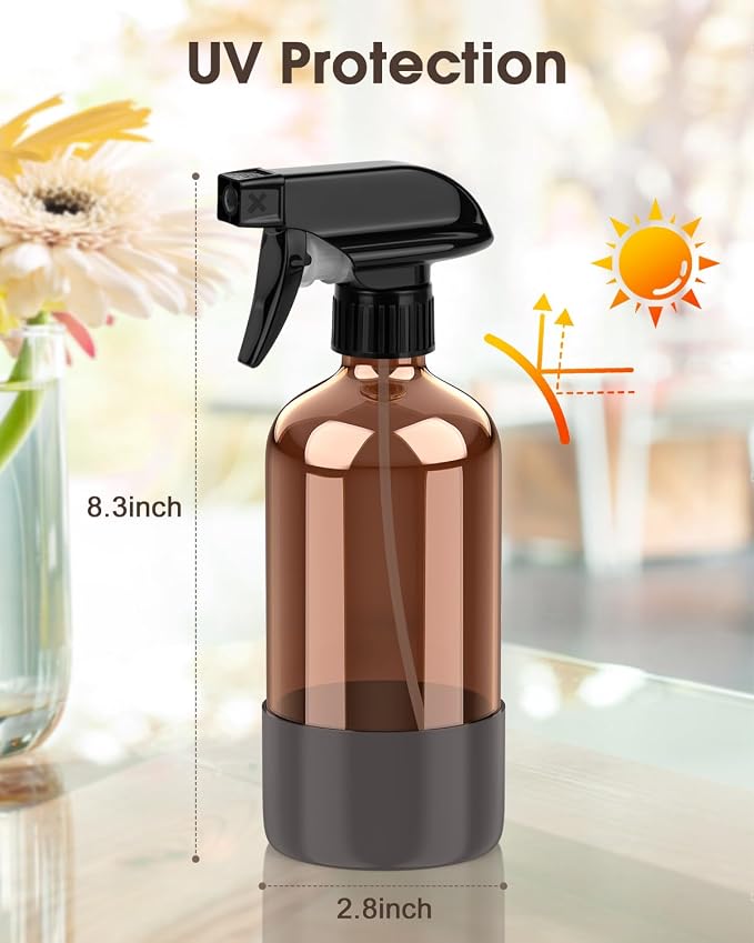 Bontip Glass Spray Bottle with Silicone Sleeve Protection, Amber Glass Spray Bottle Set for Window Cleaner Aromatherapy Facial Hydration Watering Flowers Hair Care 2 Pack/16 oz (Brown & Grey, 16 oz)