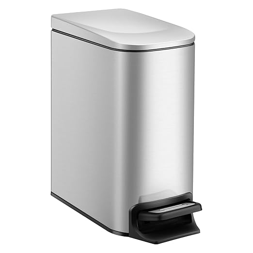 TIPGO Small Bathroom Trash Can with Lid, 1.6 Gal, Soft Close, Silver | Foot Pedal, Soft Quiet Lid, 5.9'' Slim for Narrow Space, Stainless Steel, Anti-fingerprint, Removable Inner Bucket, Odor Seal