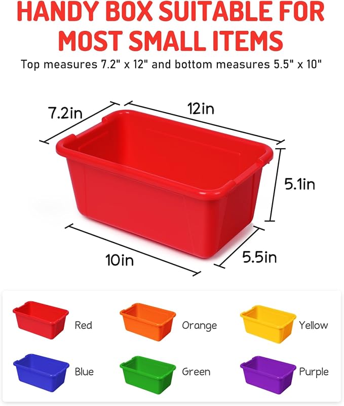 GAMENOTE 6 Quart Plastic Storage Bins Without Lids,12 Pack, Colorful | Stackable 6-quart bins with lids organize classroom supplies, crafts, toys and building blocks for Classroom & Kids Toy