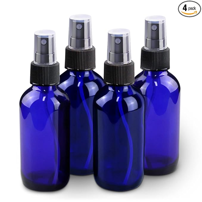 4 oz Mini Glass Spray Bottles, Empty Small Spray Bottles with Funnel Dropper, Fine Mist for Hair, Travel, Plants, Cleaning Solutions and Skin Care (4 Pack Blue)