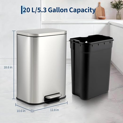 Takywep Kitchen Trash Can, Stainless Steel Fingerprint Proof Soft Close Recycling Bin with Foot Pedal & Removable Inner Bucket, Rectangular Waste Bin for Home Office Bathroom Restaurant