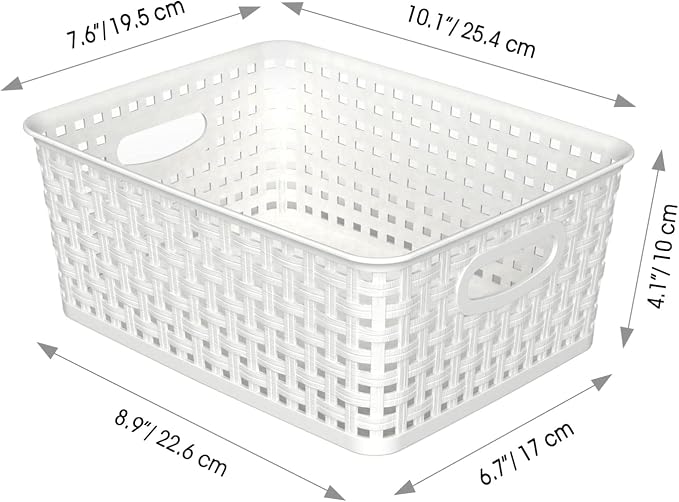 WYT 12-Pack Plastic Small Shelf Storage Weave Baskets for Organizing, White