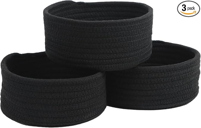 Small Woven Cotton Rope Baskets, Set of 3, Black | Mini Round Baskets, Gift and Storage Baskets, Nursery Organizer, Bathroom Countertop Bins, Decorative Boho Decor